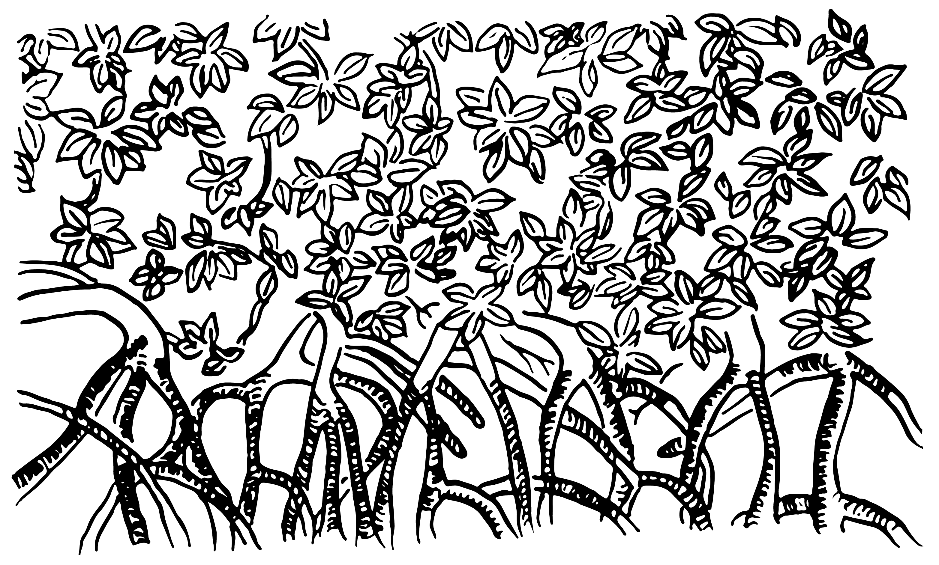 Archipiélago Uno. Ilustración de un mangle dibujado con líneas. Hojas arriba y raíces abajo. Las raíces van formando la palabra Archipiélago I